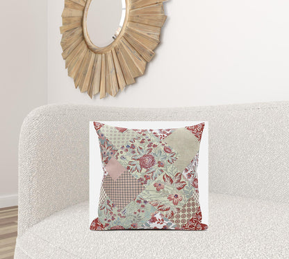 18" Red White Floral Suede Throw Pillow