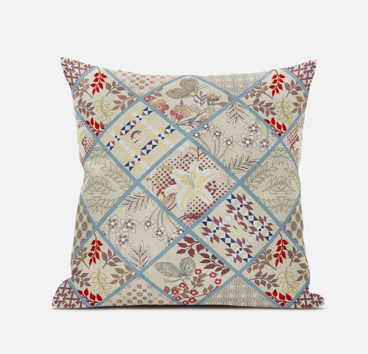 18” Cream Red Patch Suede Throw Pillow