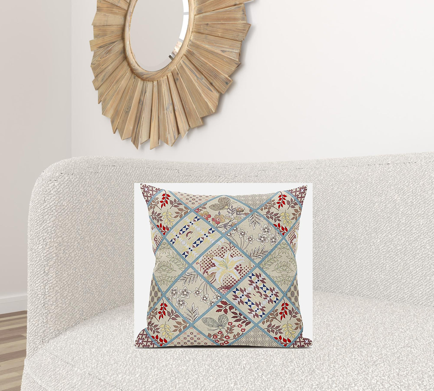 18” Cream Red Patch Suede Throw Pillow