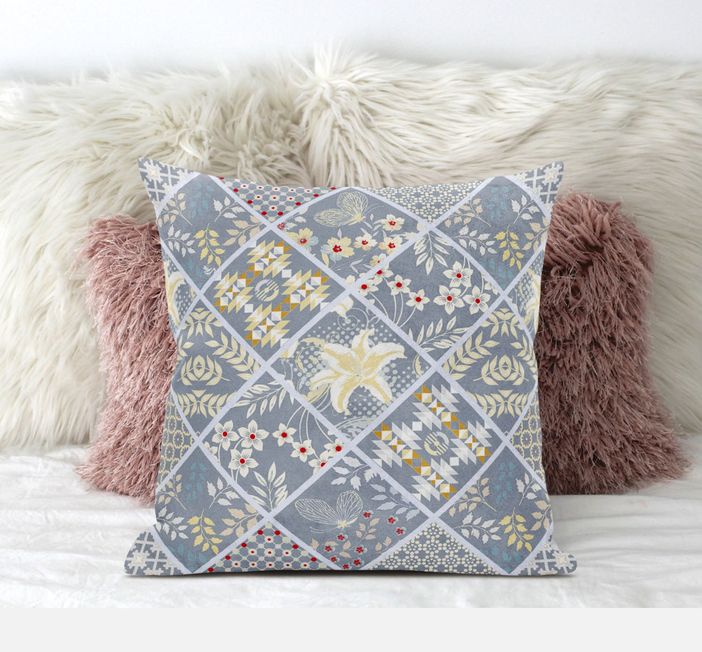 18” Gray Yellow Patch Suede Throw Pillow