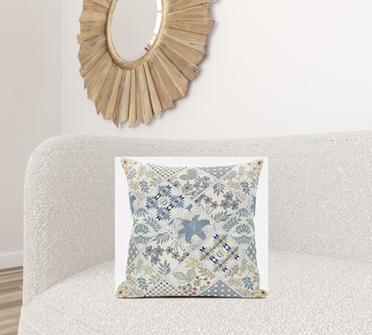 18” White Blue Patch Suede Throw Pillow