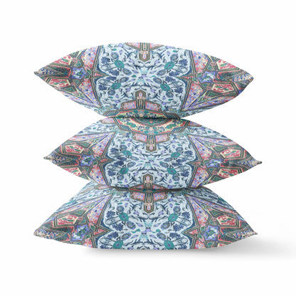 16" Pale Blue Pink Floral Medallion Suede Throw Pillow