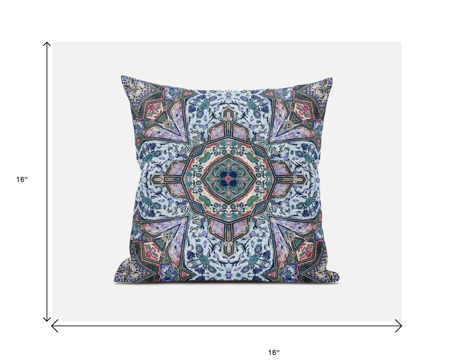16" Pale Blue Pink Floral Medallion Suede Throw Pillow