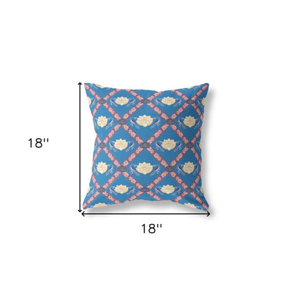 18" X 18" Blue Yellow Pink Lotus Floral Blown Seam Suede Throw Pillow