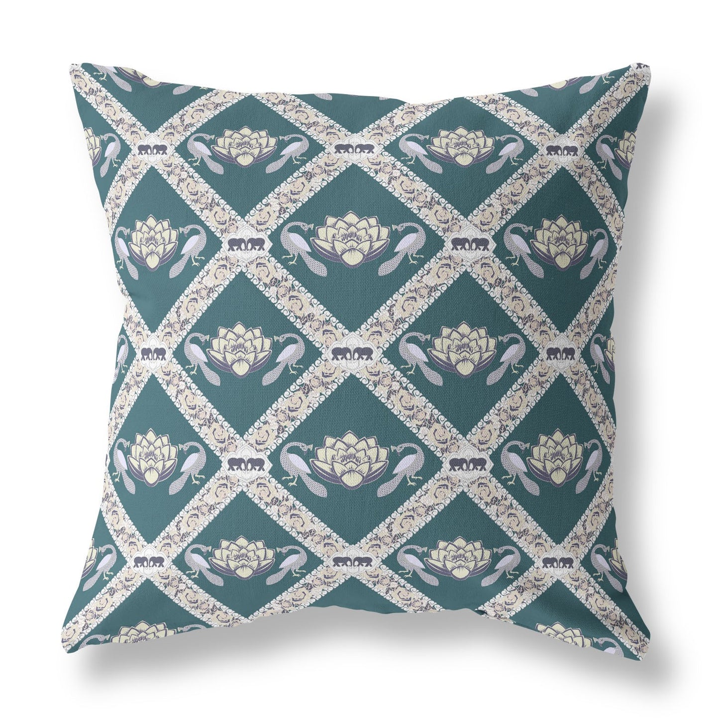 18" X 18" Dark Green Yellow Gray Lotus Floral Blown Seam Suede Throw Pillow