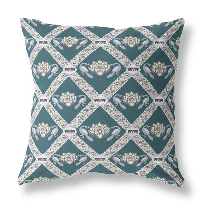 18" X 18" Dark Green Yellow Gray Lotus Floral Blown Seam Suede Throw Pillow
