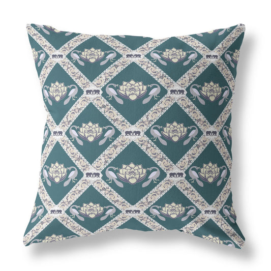 18" X 18" Dark Green Yellow Gray Lotus Floral Blown Seam Suede Throw Pillow