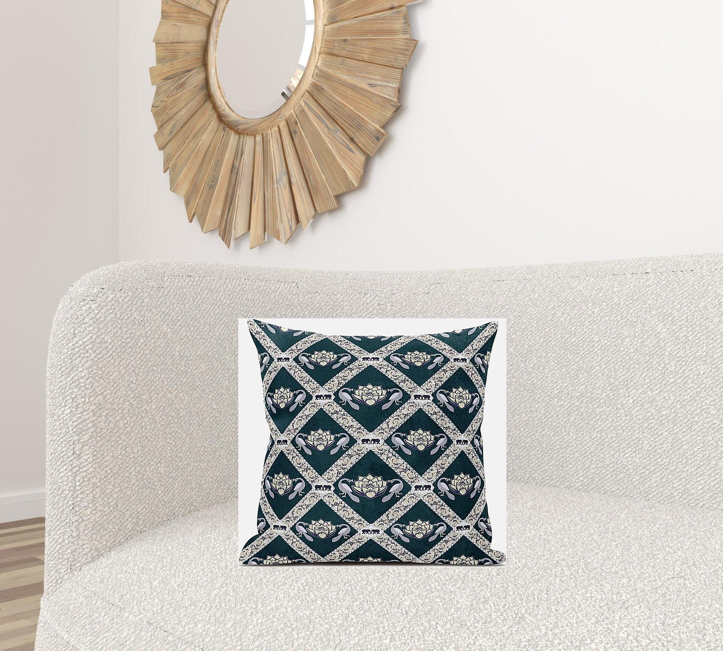 18" X 18" Dark Green Yellow Gray Lotus Floral Blown Seam Suede Throw Pillow