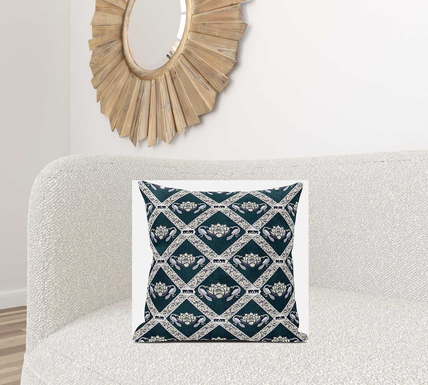 18" X 18" Dark Green Yellow Gray Lotus Floral Blown Seam Suede Throw Pillow