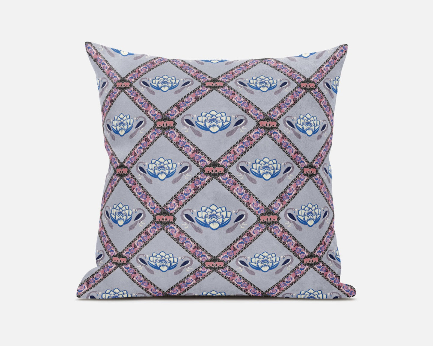 18" X 18" Gray Blue Pink Lotus Floral Blown Seam Suede Throw Pillow