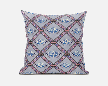 18" X 18" Gray Blue Pink Lotus Floral Blown Seam Suede Throw Pillow