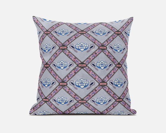 18" X 18" Gray Blue Pink Lotus Floral Blown Seam Suede Throw Pillow
