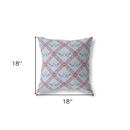 18" X 18" Gray Blue Pink Lotus Floral Blown Seam Suede Throw Pillow