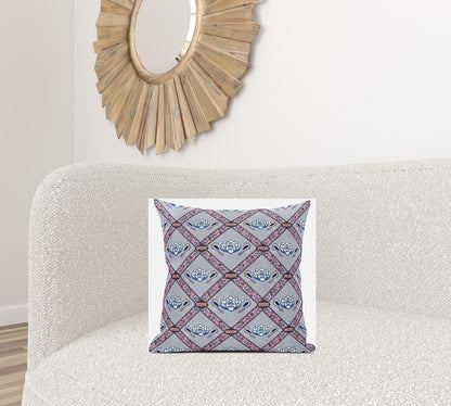 18" X 18" Gray Blue Pink Lotus Floral Blown Seam Suede Throw Pillow