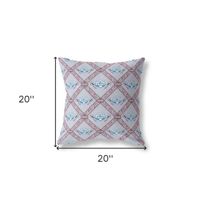 18" X 18" Gray Blue Pink Lotus Floral Blown Seam Suede Throw Pillow