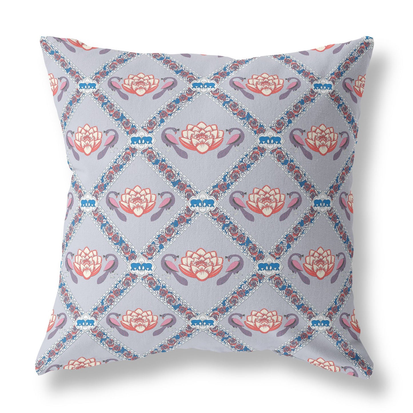 16" X 16" Gray Red Blue Lotus Floral Blown Seam Suede Throw Pillow