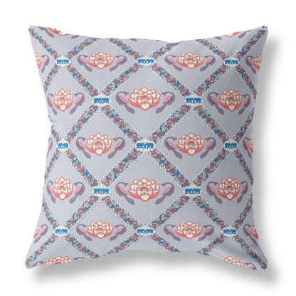16" X 16" Gray Red Blue Lotus Floral Blown Seam Suede Throw Pillow