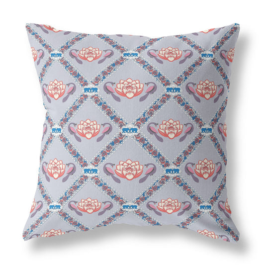 16" X 16" Gray Red Blue Lotus Floral Blown Seam Suede Throw Pillow