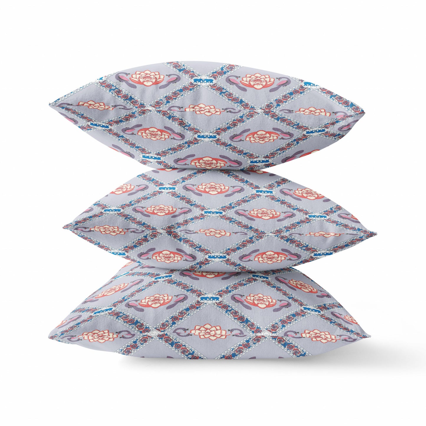 16" X 16" Gray Red Blue Lotus Floral Blown Seam Suede Throw Pillow