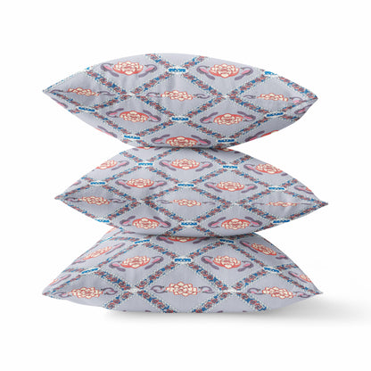 16" X 16" Gray Red Blue Lotus Floral Blown Seam Suede Throw Pillow