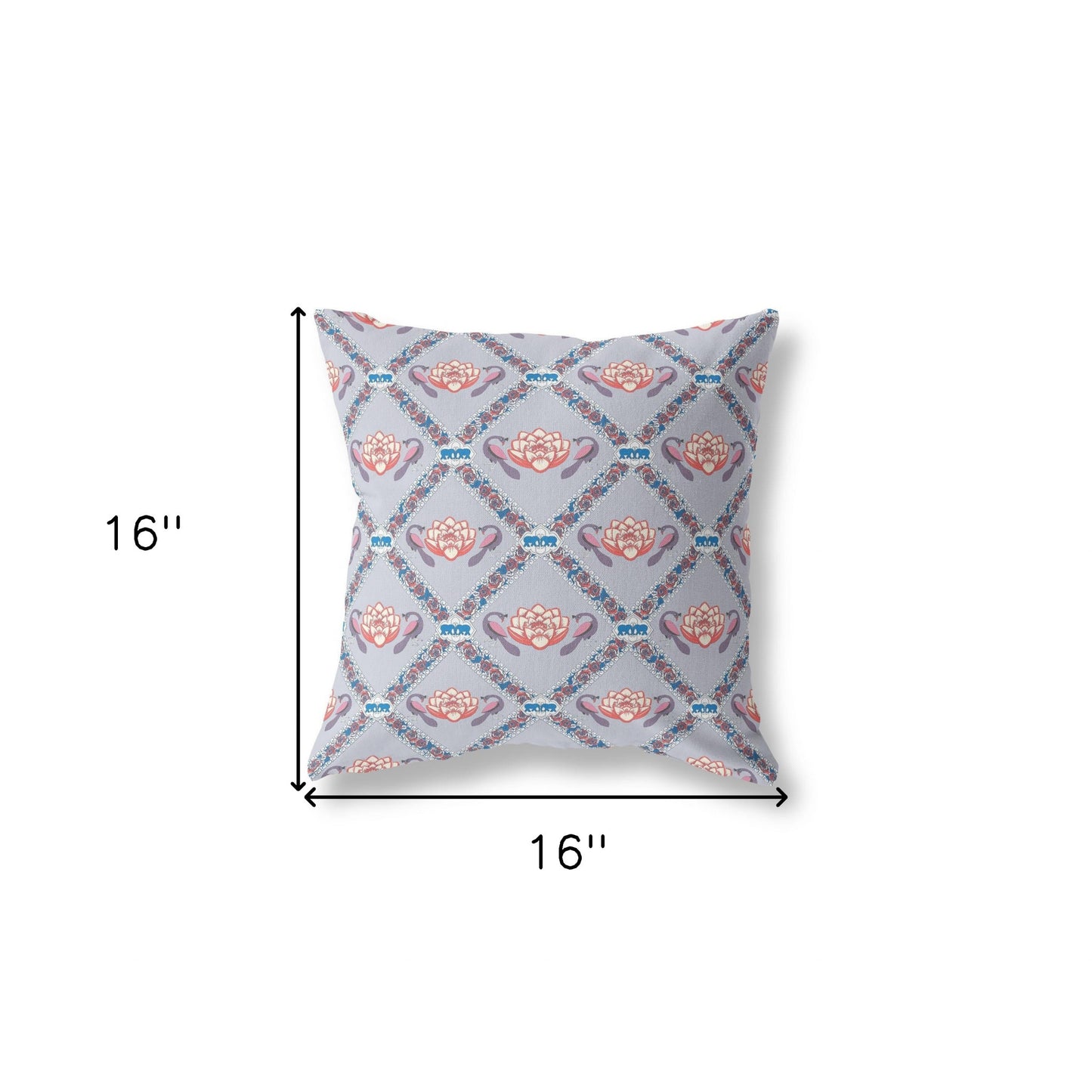 16" X 16" Gray Red Blue Lotus Floral Blown Seam Suede Throw Pillow