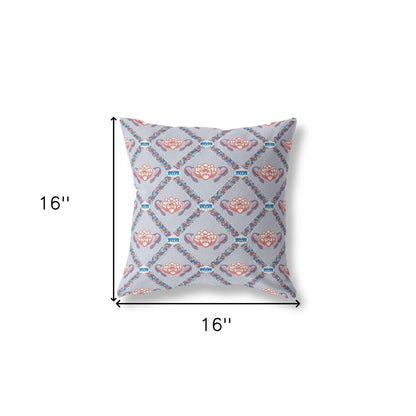 16" X 16" Gray Red Blue Lotus Floral Blown Seam Suede Throw Pillow