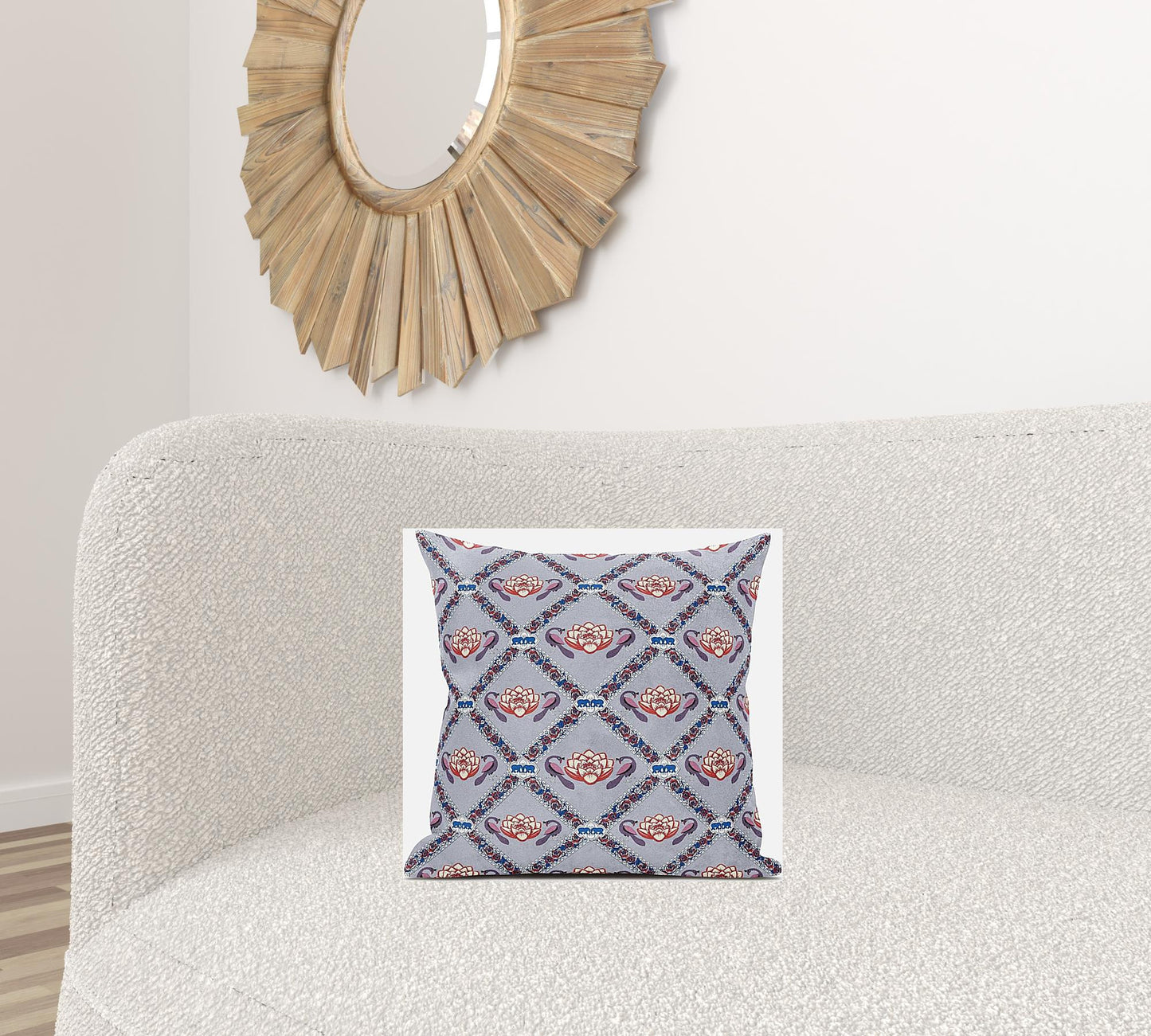 16" X 16" Gray Red Blue Lotus Floral Blown Seam Suede Throw Pillow