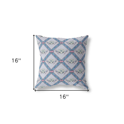 16" X 16" Gray Sea Blue Pink Lotus Floral Blown Seam Suede Throw Pillow