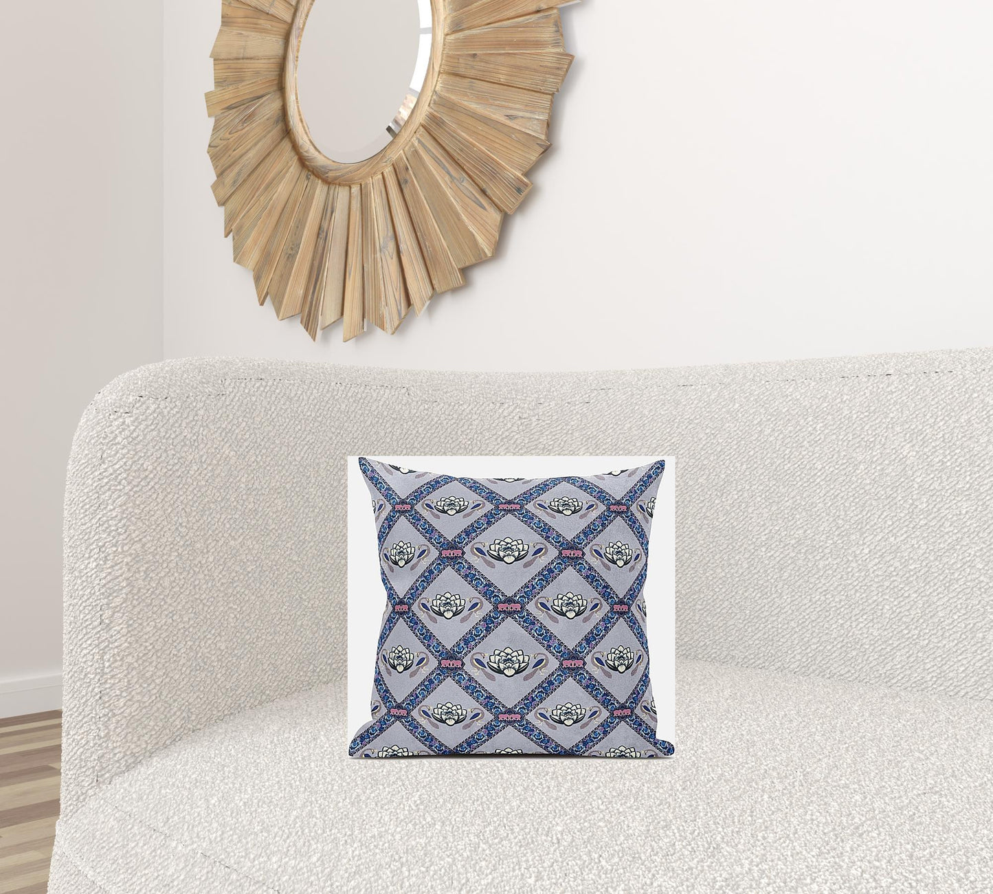 16" X 16" Gray Sea Blue Pink Lotus Floral Blown Seam Suede Throw Pillow