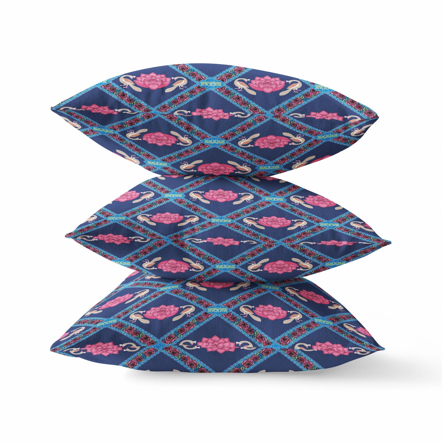 18" X 18" Indigo Pink Lotus Floral Blown Seam Suede Throw Pillow
