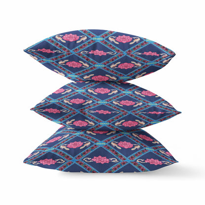 18" X 18" Indigo Pink Lotus Floral Blown Seam Suede Throw Pillow