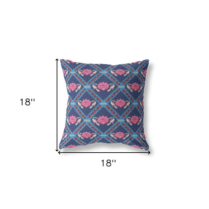 18" X 18" Indigo Pink Lotus Floral Blown Seam Suede Throw Pillow