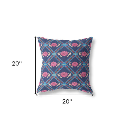 18" X 18" Indigo Pink Lotus Floral Blown Seam Suede Throw Pillow
