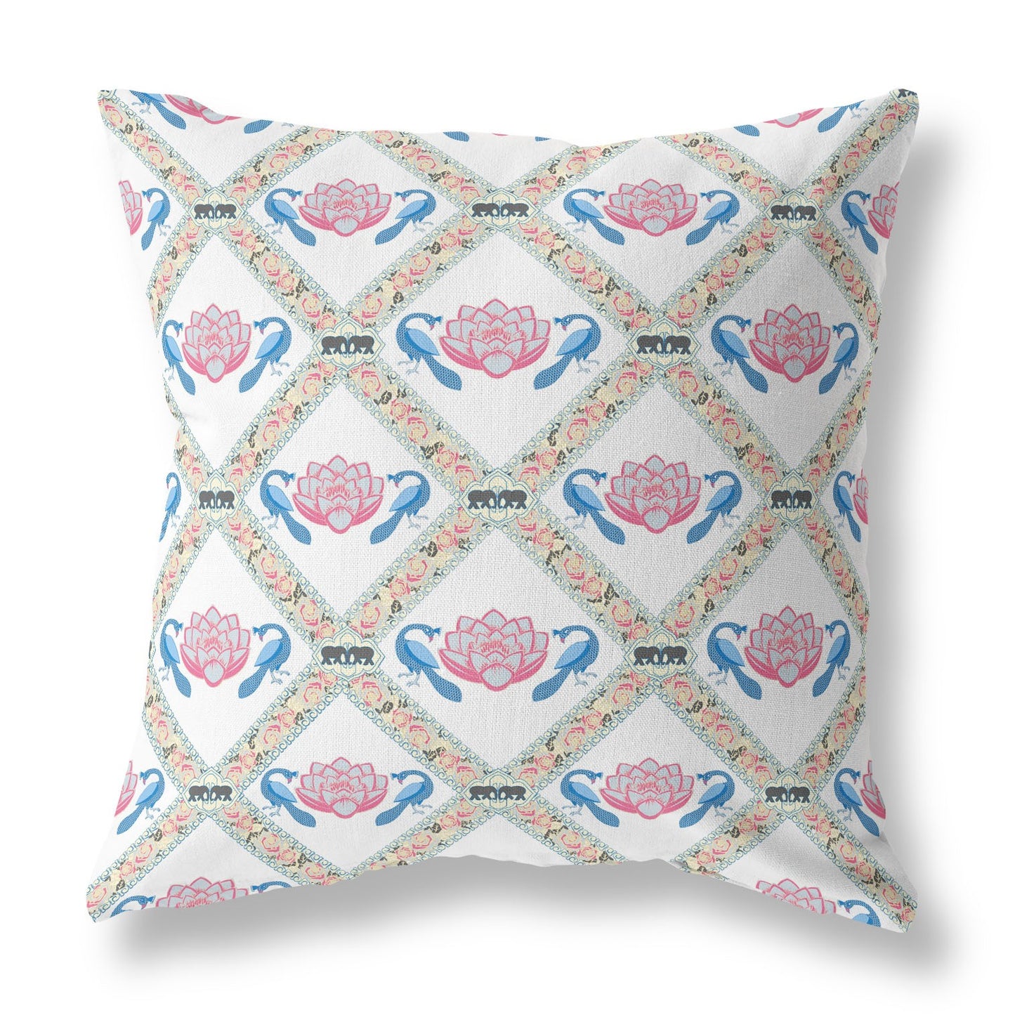 18" X 18" White Blue Gray Lotus Floral Blown Seam Suede Throw Pillow