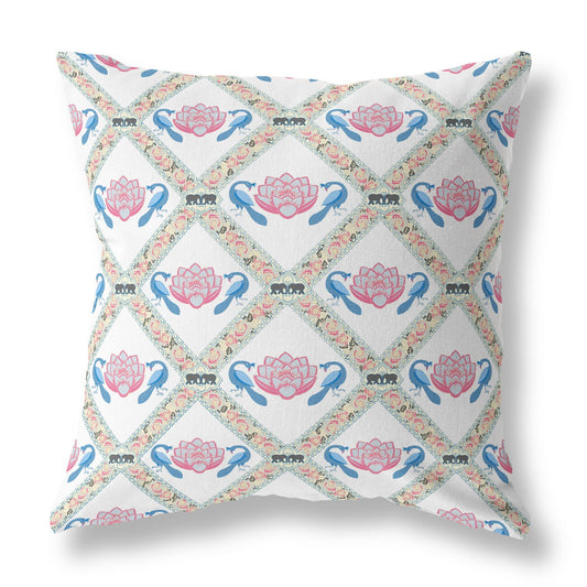 18" X 18" White Blue Gray Lotus Floral Blown Seam Suede Throw Pillow