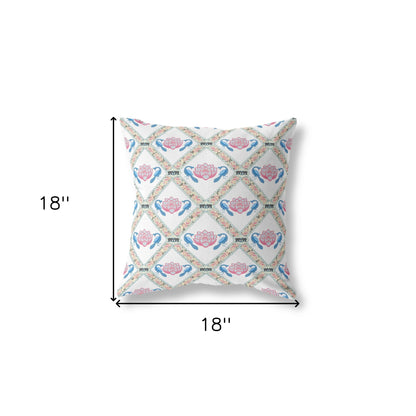 18" X 18" White Blue Gray Lotus Floral Blown Seam Suede Throw Pillow