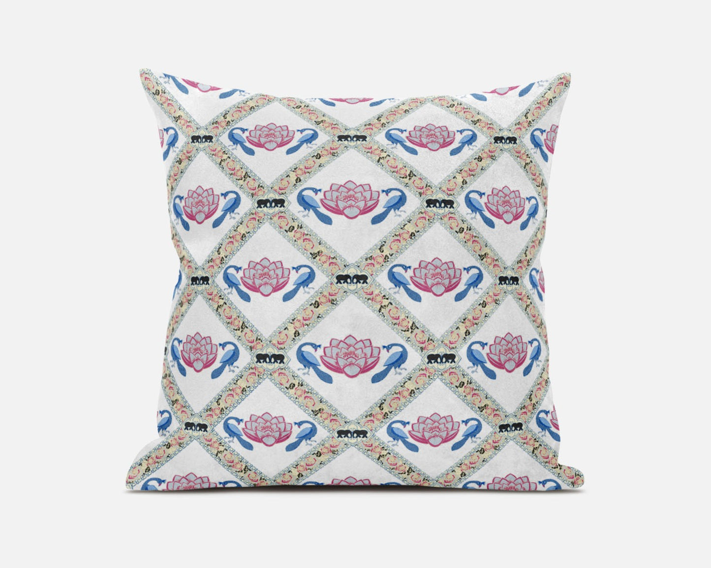18" X 18" White Blue Gray Lotus Floral Blown Seam Suede Throw Pillow