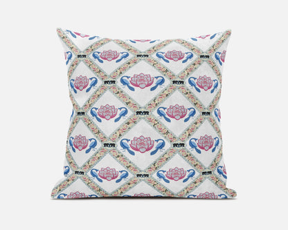 18" X 18" White Blue Gray Lotus Floral Blown Seam Suede Throw Pillow