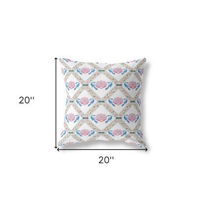 18" X 18" White Blue Gray Lotus Floral Blown Seam Suede Throw Pillow