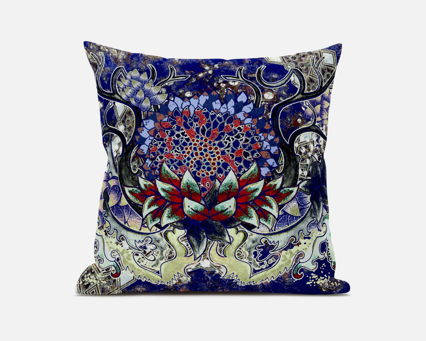 18” Blue Red Flower Bloom Suede Throw Pillow
