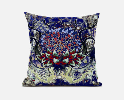 18” Blue Red Flower Bloom Suede Throw Pillow