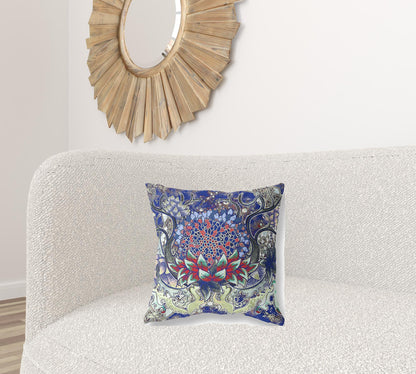 18” Blue Red Flower Bloom Suede Throw Pillow