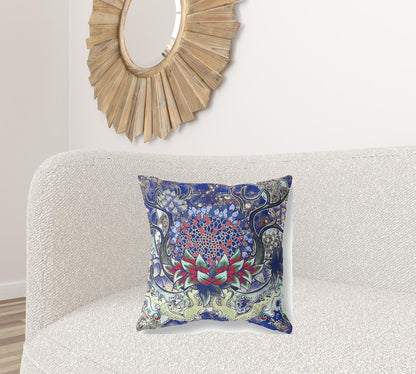 18” Blue Red Flower Bloom Suede Throw Pillow