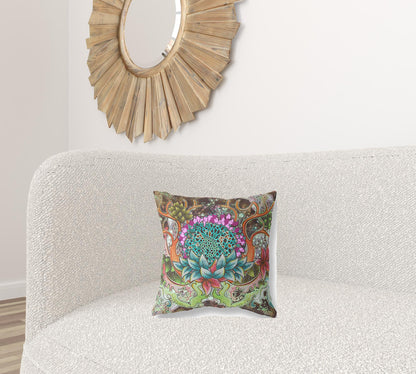 16” Green Orange Flower Bloom Suede Throw Pillow