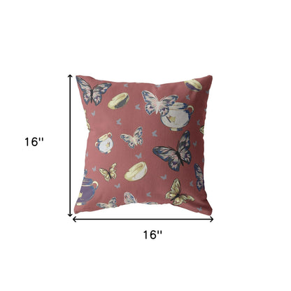16" Copper Rose Butterflies Decorative Suede Throw Pillow