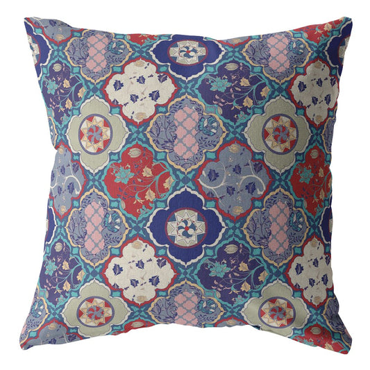18” Turquoise Cream Trellis Suede Throw Pillow