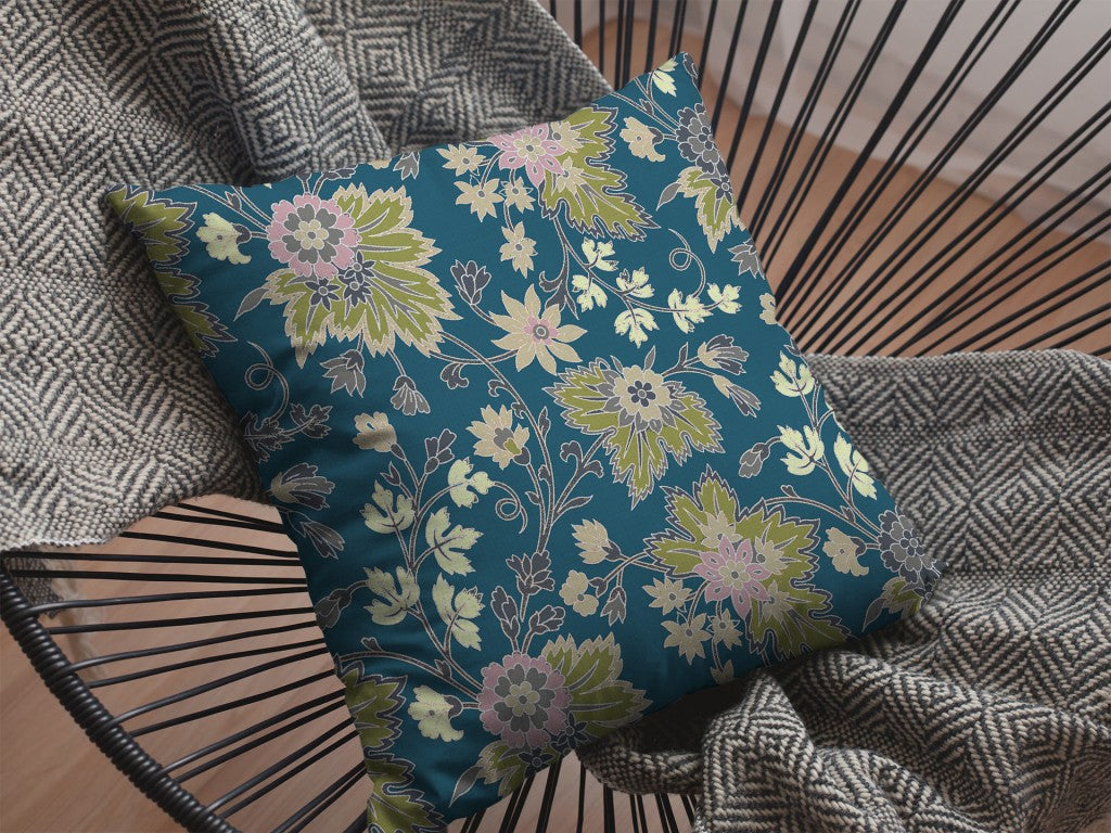 18” Teal Green Jacobean Suede Throw Pillow
