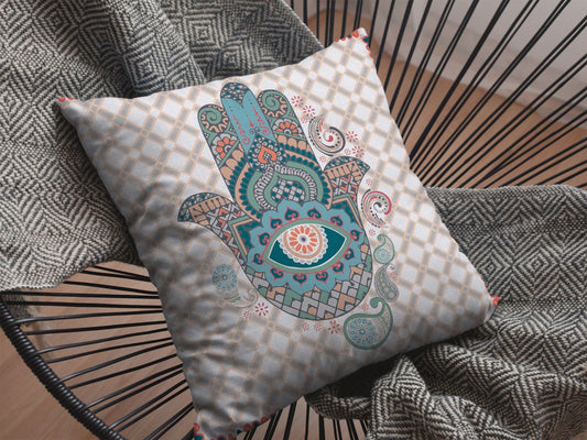 16” Blue Gray Hamsa Boho Suede Throw Pillow