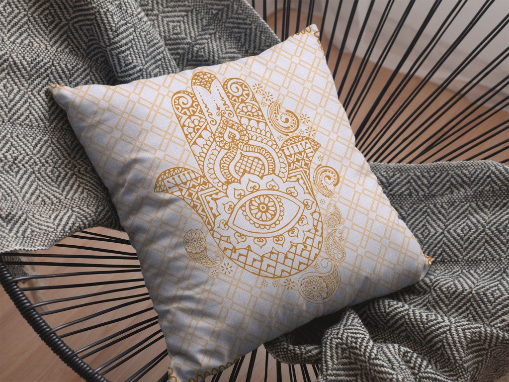 16” Gold White Hamsa Boho Suede Throw Pillow