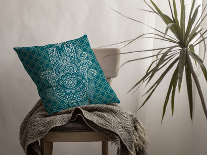 18” Teal White Hamsa Boho Suede Throw Pillow
